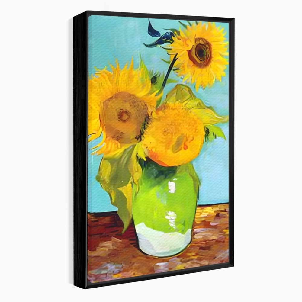 Tablou canvas cu tablou pictura cu floarea soarelui, in rama de aluminiu negru